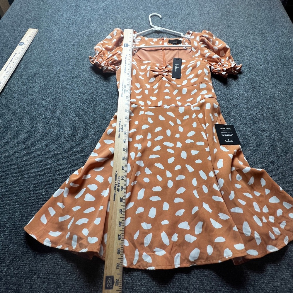 Lulus New w/tags Orange White Abstract Dot Puff Sleeve Mini Swing Dress XS - Picture 2 of 13